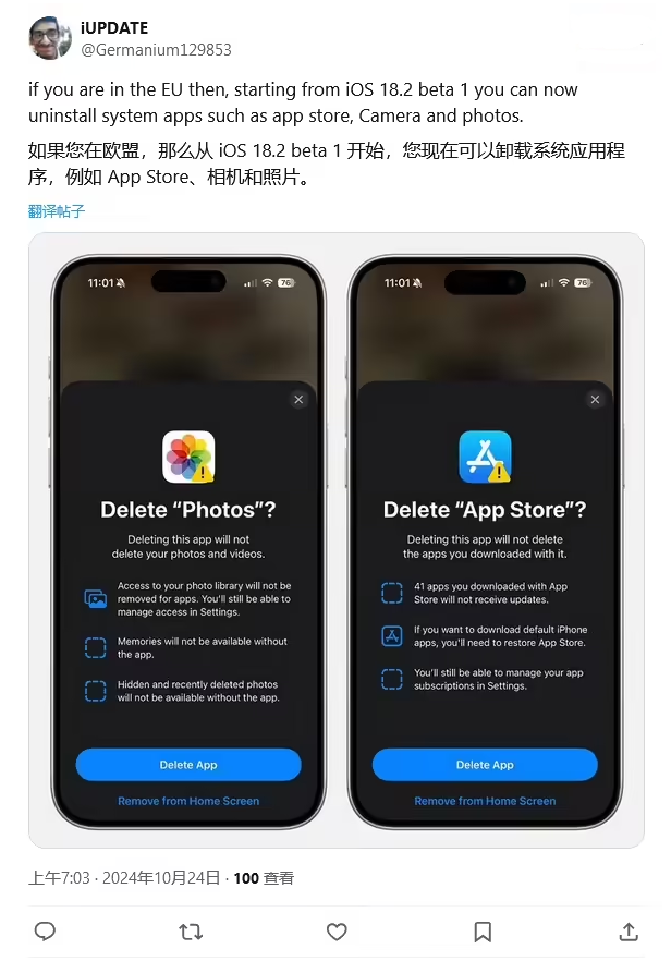 寿县苹果手机维修分享iOS 18.2 支持删除 App Store 应用商店 
